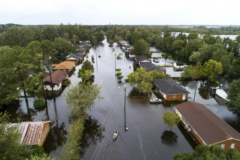 Aerial view of a neighborhood under hurricane floodwater